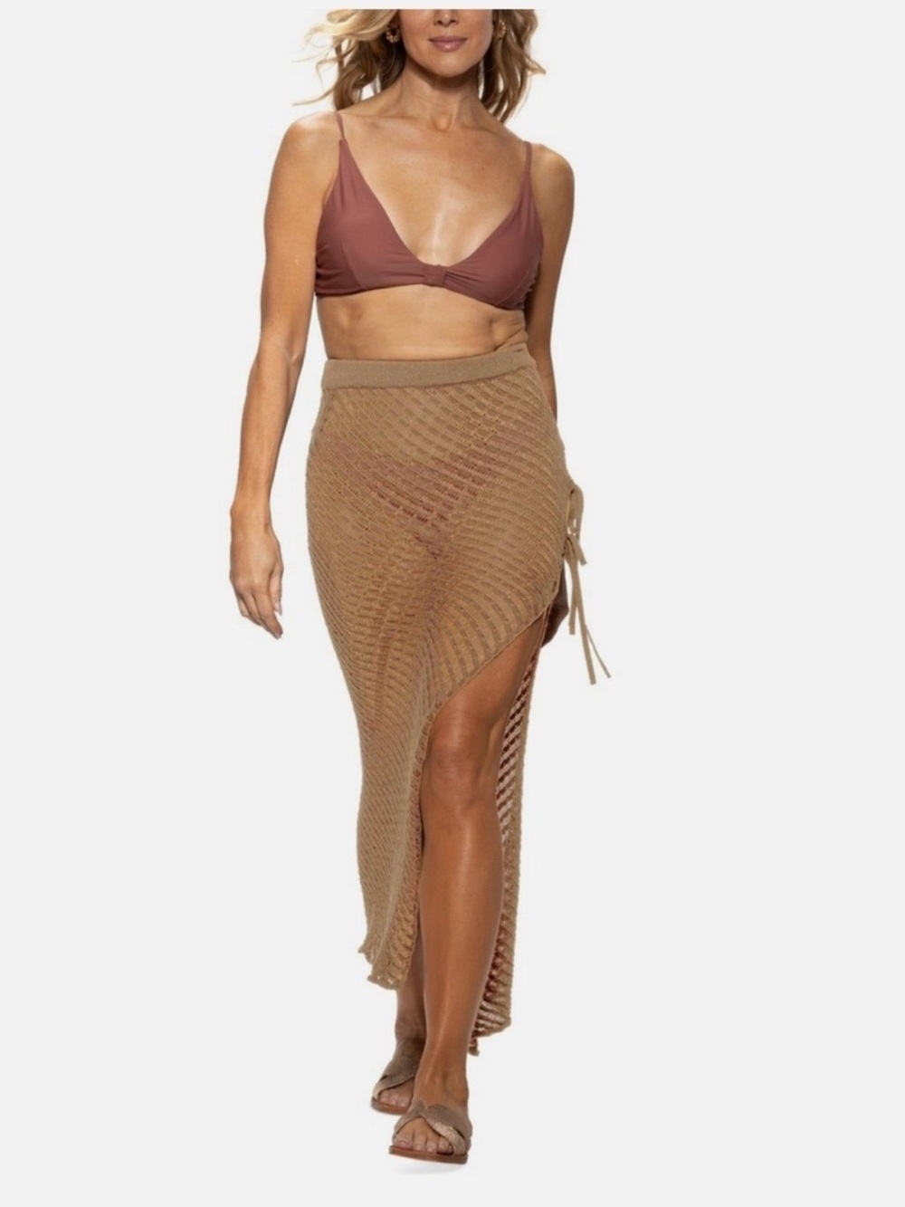 $78 Dotti Crochet Side Slit -Tie Cover-Up Taupe Maxi Skirt Women's NWT Large